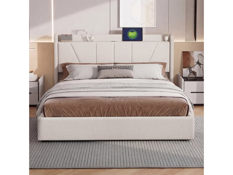  Lit double coffre - 140 x 200 cm - beige - lin, tête de lit rembourrée avec ports usb et type-c, vérins hydrauliques  - Conforama E