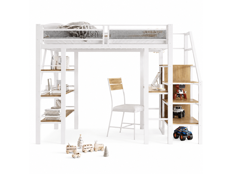 Lit mezzanine enfant 2 places 140 x 200 cm avec bureau, armoire, étagère à 3 niveaux et escalier de rangement réversible, métal blanc - Conforama A