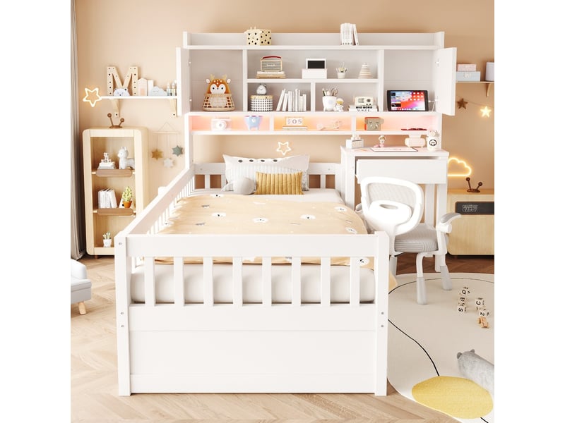  Lit avec rangement, coloris blanc, matière bois massif et mdf, couchage 90x200 cm, dimensions : 205 x 151 x 150 cm  - Conforama D