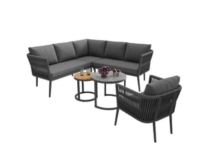 Salon de jardin 6 pièces gris modulable 5 à 6 places avec 2 tables, idéal pour vos espaces extérieurs