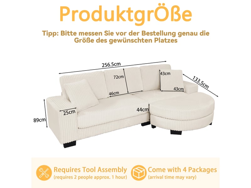  Canapé d'angle réversible modulaire avec hocker ovale interchangeable et 2 coussins, en velours côtelé beige  - Conforama D