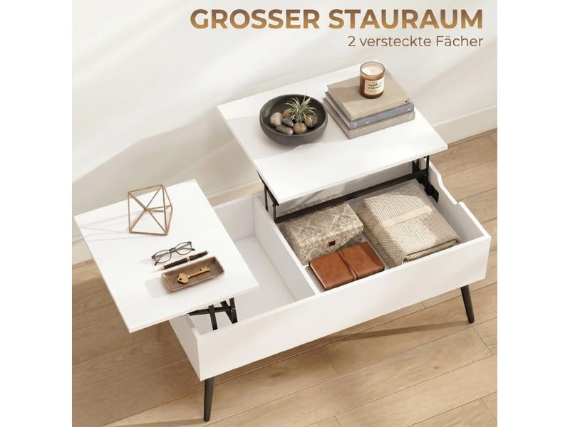  Table basse relevable blanche 100 x 50 x 58 cm avec double plateau et rangements  - Conforama D
