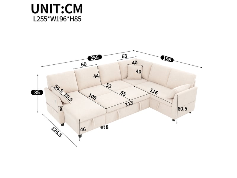  Canapé d'angle modulable 6 places 255x196x85 cm convertible beige  - Conforama C