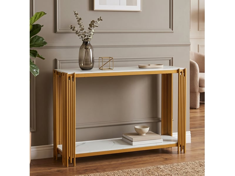  Console ulevr avec 2 niveaux de rangement, 123,5 x 33,5 x 80 cm, plateau mdf décor marbre blanc et structure métal doré  - Conforama E