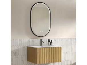 Meuble sous vasque suspendu avec vasque intégrée et miroir led réglable en finition chêne pour salle de bain