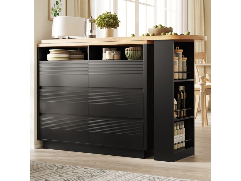  Desserte cuisine, îlot central sur roulettes avec plan de travail, plateau extensible, 6 tiroirs, dimensions 137 à 215 x 39 x 102,3 cm, mdf, noir  - Conforama B