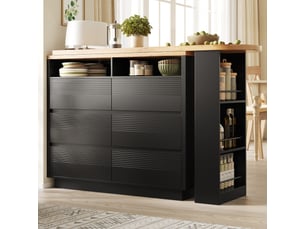 Îlot de cuisine 137 à 215 x 39 x 102,3 cm avec 6 tiroirs et étagère latérale, plateau extensible et dispositif anti-basculement, mdf, noir