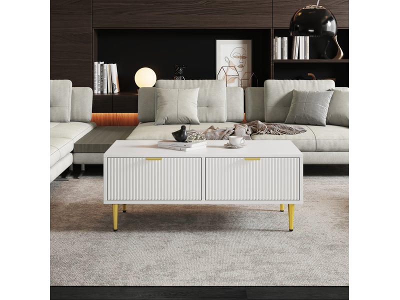  Table basse 100x50x40 cm avec 2 tiroirs en mdf blanc et accents dorés  - Conforama B