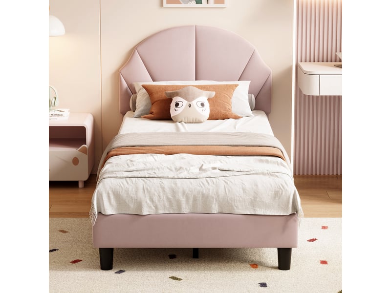  Lit simple 90x200, lit enfant capitonné avec tête de lit coquille réglable en hauteur, velours, style moderne scandinavo, rose  - Conforama C