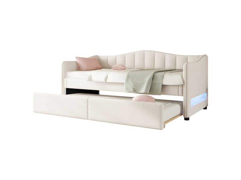 Lit gigogne 90x200 cm - lit simple avec lit tiroir et sommier - lin + mdf - sans matelas - beige - Conforama A