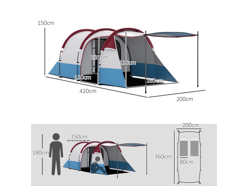  Tente de camping pour 2 personnes, crochet pour lanterne, trois entrées, imperméable, rouge  - Conforama E