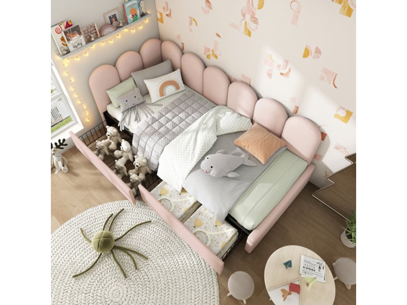  Lit enfant 90x190 cm, lit simple avec tiroirs, sommier à lattes, sans matelas, en velours, rose  - Conforama C