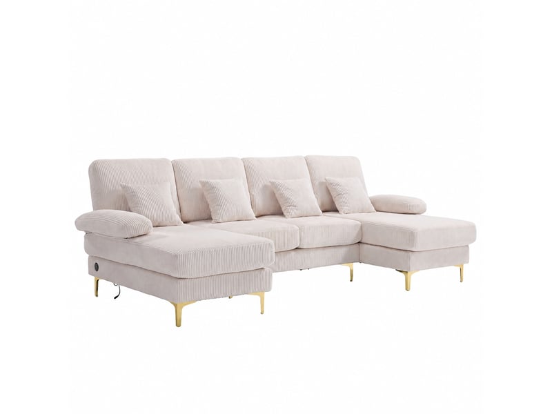  Canapé en u beige avec méridiennes, velours côtelé, éclairage led intégré et port usb-c, 4 places  - Conforama A