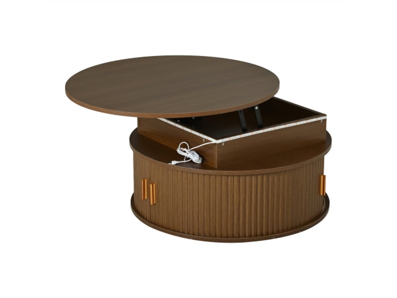  Table basse ronde réglable en hauteur avec led, rangement caché et portes coulissantes – noyer, ø75 cm, 52 cm  - Conforama E