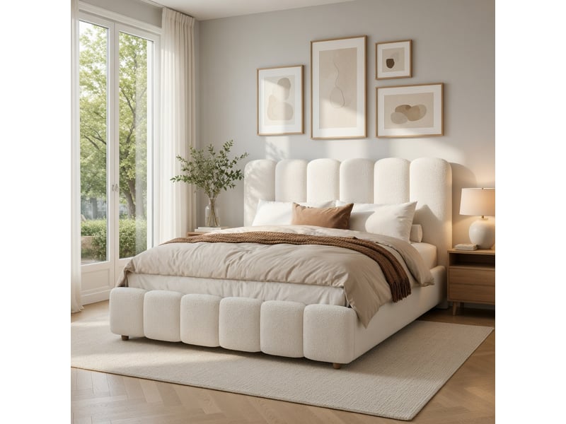  Lit adulte 140 × 190 cm, rangement hydraulique, avec sommier et tête de lit, tissu bouclé, blanc  - Conforama B
