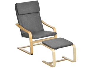 Fauteuil avec repose-pieds, ensemble fauteuil, aspect lin, bois massif, gris et naturel
