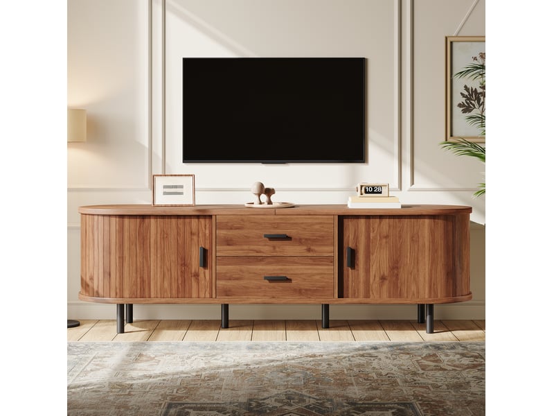  Meuble tv avec 2 portes coulissantes, 2 tiroirs et rangements ouverts, pour salon, noyer, 150 × 40 × 55 cm  - Conforama C