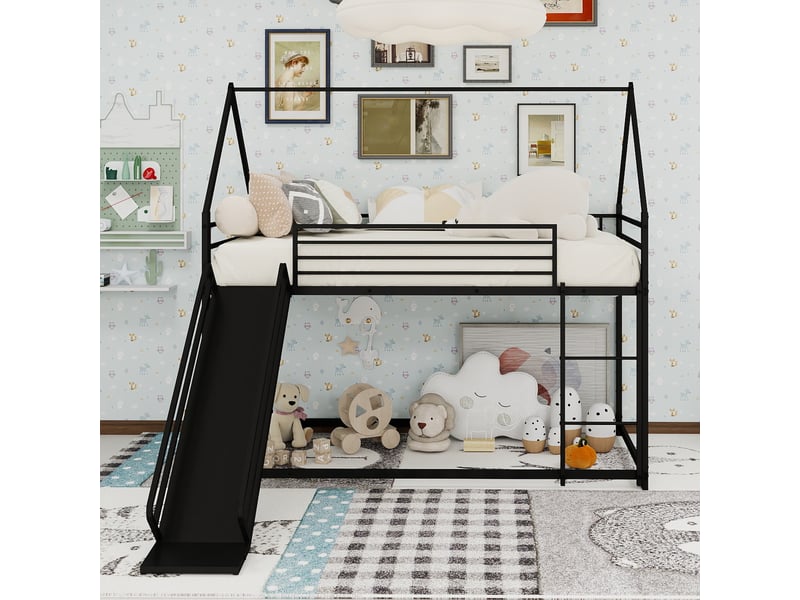  Lit superposé enfant en fer, lit 2 places avec toboggan, escalier et garde-corps, 90x190 cm, sans matelas, noir  - Conforama B
