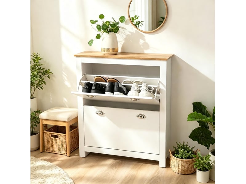  Meuble à chaussures ulevr à 2 abattants, étagères réglables, 79 x 23 x 90,5 cm, mdf chêne et blanc  - Conforama E