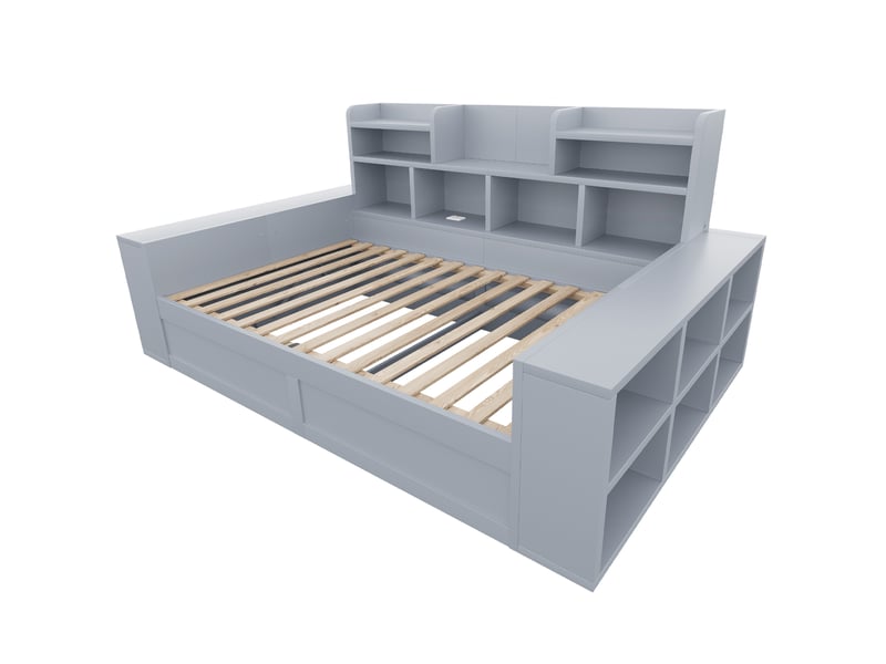 Lit banquette 90x200 cm avec led, prises et coffre de rangements, gris, sans matelas - Conforama R