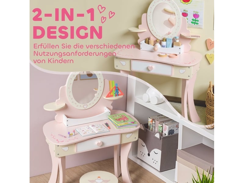  Coiffeuse enfant avec tabouret 59,8 x 29,6 x 89,8 cm - rose - miroir amovible et 7 accessoires  - Conforama D