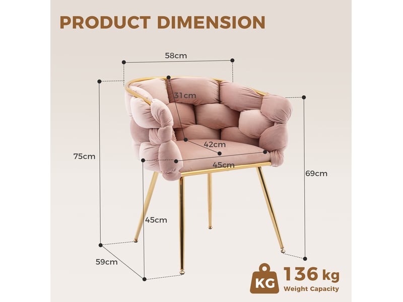  Lot de 2 fauteuils d'accent 73x56x75 cm avec accoudoirs métal rose  - Conforama E