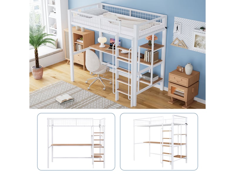  Lit superposé 90x200cm en métal et bois, avec bureau, étagères, échelle 5 marches, garde-corps, blanc naturel  - Conforama E