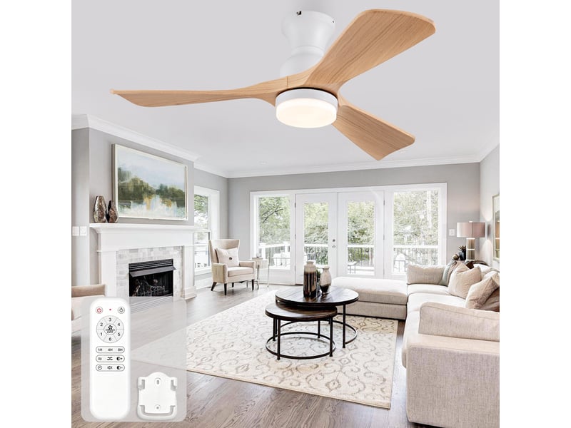 Ventilateur de plafond avec lampe, luminaire led silencieux, métal et abs aspect bois 106 cm 42 pouces moteur dc réversible, blanc et naturel - Conforama B