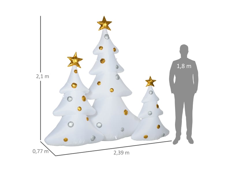  Ensemble de 3 sapins noël gonflables avec souffleur et accessoires fixation, intérieur extérieur, blanc et or  - Conforama E