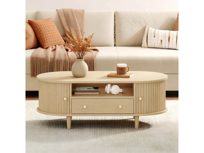  Table basse ovale, avec 1 tiroir, niches ouvertes et 2 portes à rideau, pour salon, mdf, chêne, 100×50×36 cm  - Conforama D