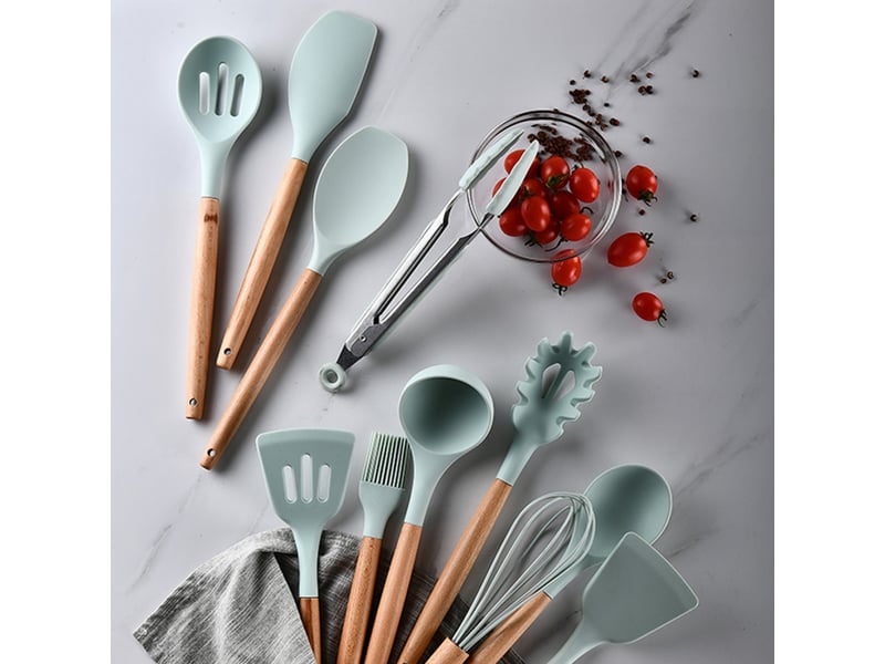  Ensemble de 9 ustensiles de cuisine en silicone vert frais, sans seau, adapté aux poêles antiadhésives  - Conforama E