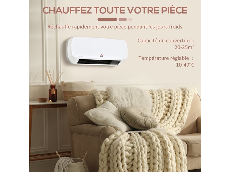  Radiateur mural soufflant 2000 w - chauffage céramique ptc - 3 niveaux de puissance - télécommande incluse blanc noir  - Conforama R