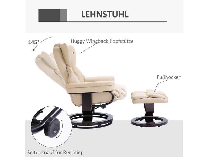  Fauteuil relax pivotant avec dossier inclinable 145° et repose-pieds, en bois et métal crème  - Conforama E