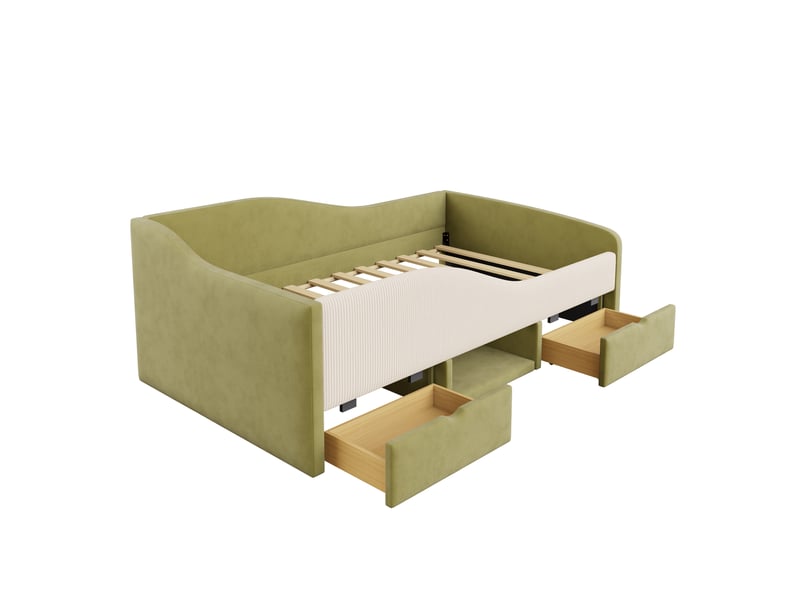 Lit enfant 90x190 cm avec 2 tiroirs et garde-corps, vert foncé et crème, matelas non inclus - Conforama A