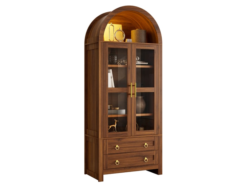  Vitrine haute 76 x 40 x 180 cm, 2 portes vitrées, 2 tiroirs, led, design arqué rétro, meuble de rangement pour salon, noyer ABC - Conforama A