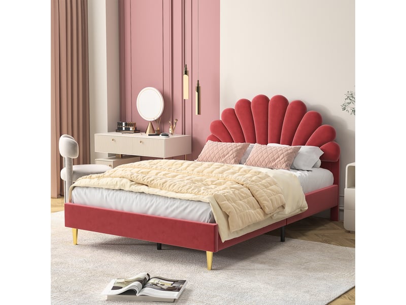  Lit enfant fille 140x200 cm lit princesse fille avec sommier à lattes pour enfants et adolescents, velours, ​​beige  - Conforama R