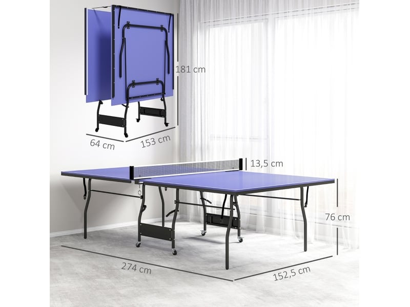  Table de tennis de table pliable bleu 274 x 152,5 x 76 cm, mdf, filet, 2 raquettes, 3 balles et roulettes  - Conforama C
