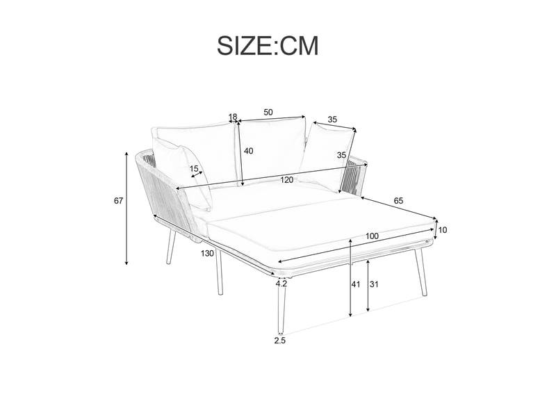  Chaise longue de jardin 2 places beige et kaki en polyester, coussins lavables, pour terrasse et balcon  - Conforama C