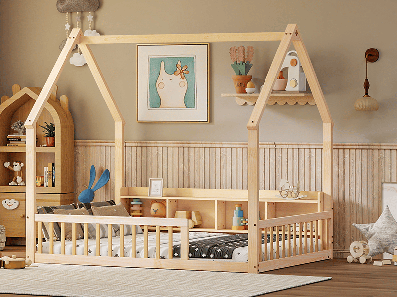  Lit cabane au sol 140 × 200 cm, rangements intégrés, barrières et toit ouvert, pin et panneaux de bois, naturel  - Conforama B
