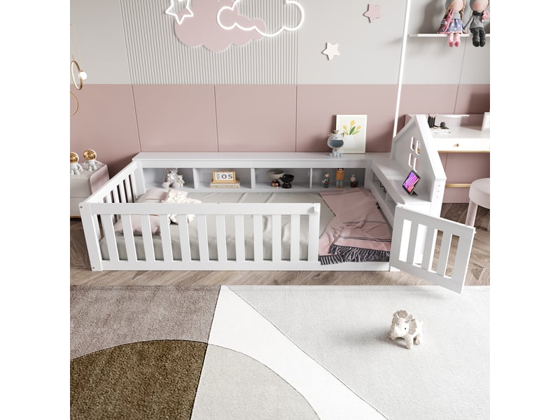  Lit enfant 90x200 cm avec sommier à lattes, lit simple en bois massif avec fenêtre, lit 1 personne, blanc  - Conforama D