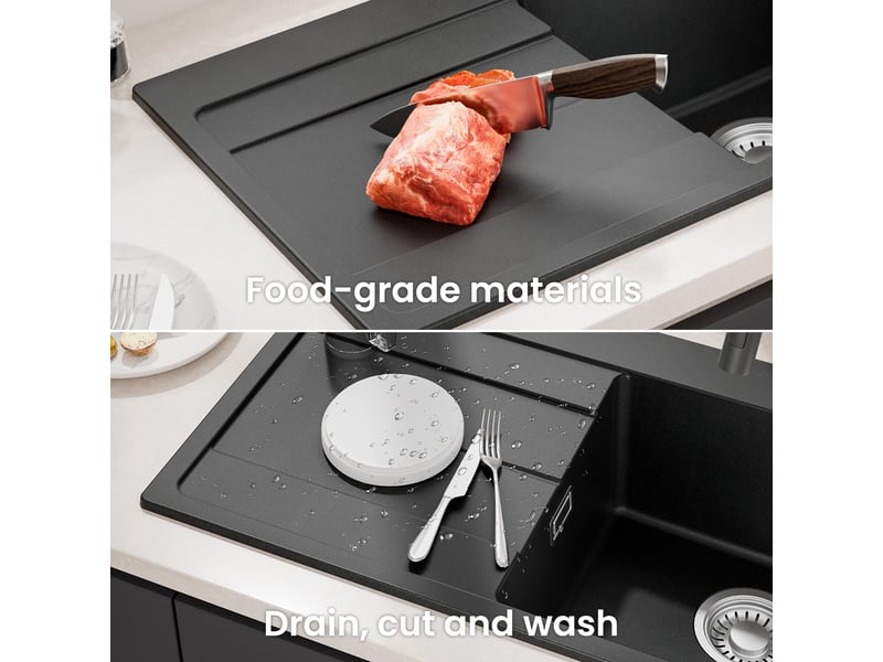  Sofetiy max évier en granit 78x45cm - évier de cuisine noir - avec égouttoir et panier égouttoir - siphon et crépine inclus  - Conforama D