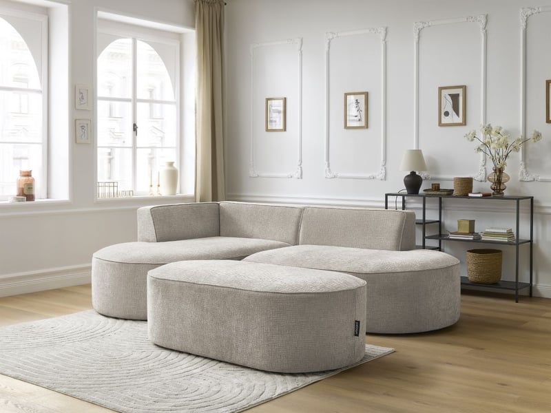  Bobochic canapé d'angle fixe rousseau tissu texturé avec pouf beige  angle gauche ROUSSEAU - Conforama C