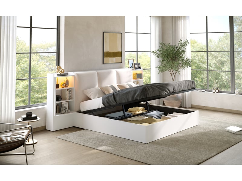  Lit coffre double 180×200 cm avec 6 compartiments, led réglable et tête rembourrée - okmyhome- blanc, sans matelas  - Conforama E