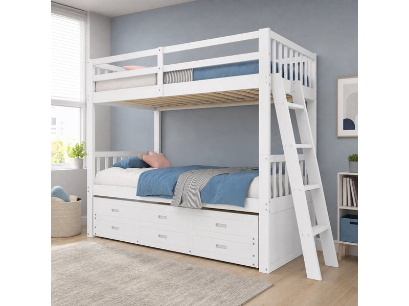  Lit superposé enfant 90 x 200 cm avec lit gigogne et 3 tiroirs, blancgris  - Conforama C