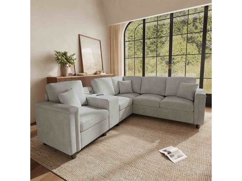  Canapé d'angle l 5 places 235x208x83 cm en chenille avec console rangement, porte-gobelets, usb-c, lumière led, canapé modulable moderne - gris  - Conforama D