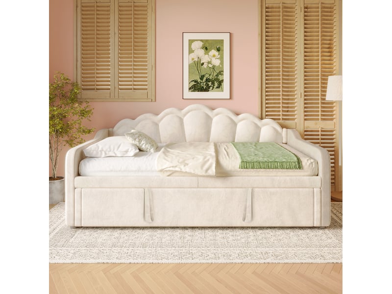  Modenvie lit gigogne 90x200 cm - avec bande led multicolore et dossier ondule, sans matelas - beige  - Conforama E