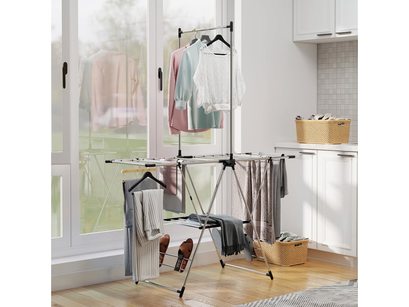  Séchoir à linge étendoir pliable, ailes réglables 5 niveaux, 4 supports à chaussures, acier inoxydable, argenté  - Conforama C