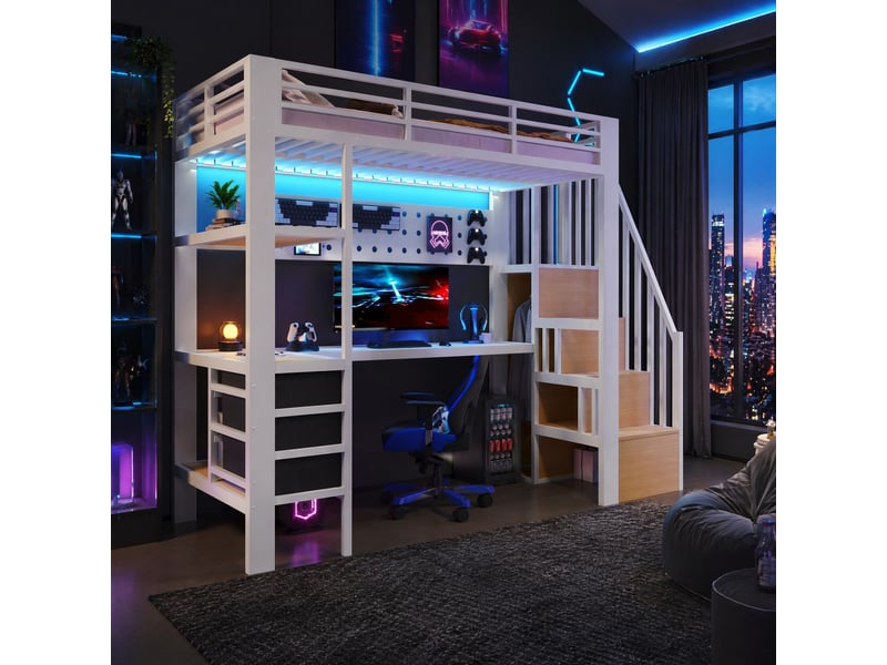 Lit mezzanine en métal 90x200 cm avec bureau, rangements, led et prise, blanc - Conforama B