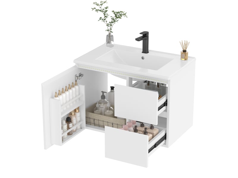 Meuble rangement suspendu salle de bain 76x46x50 cm vasque ceramique led blanc homvra - Conforama A