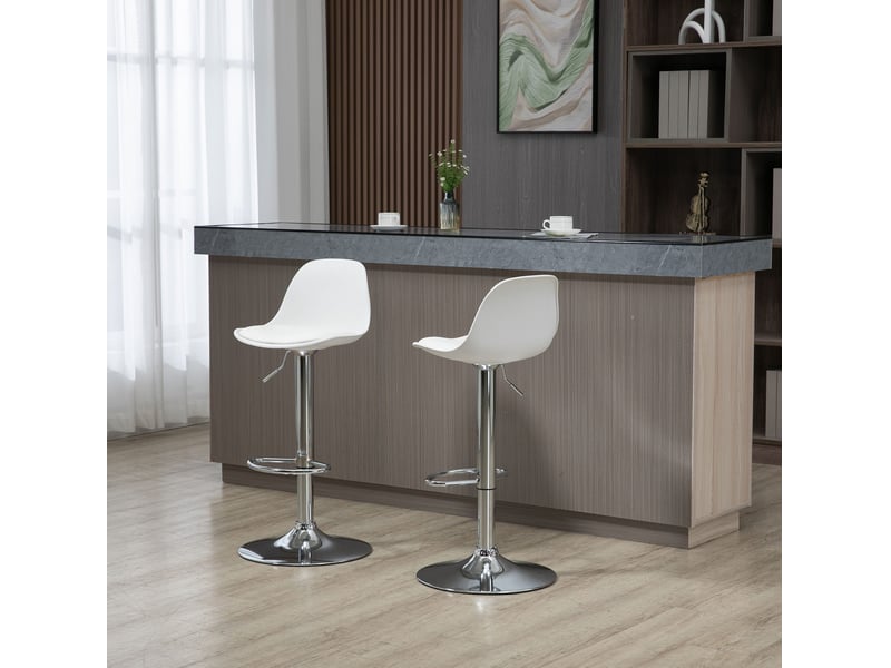 Lot de 2 tabourets de bar pivotants avec dossier, hauteur réglable et repose-pieds en similicuir blanc et acier - Conforama B